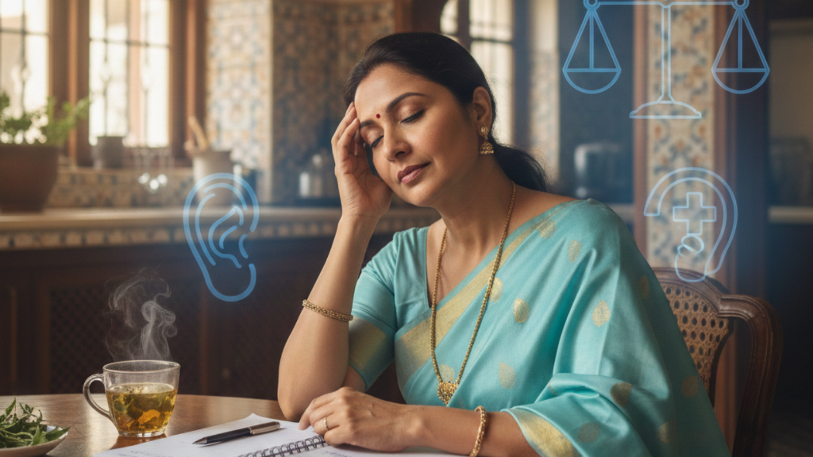 An Indian woman documents her dizziness symptoms in her Lucknow home, with subtle medical icons suggesting vestibular diagnostics.