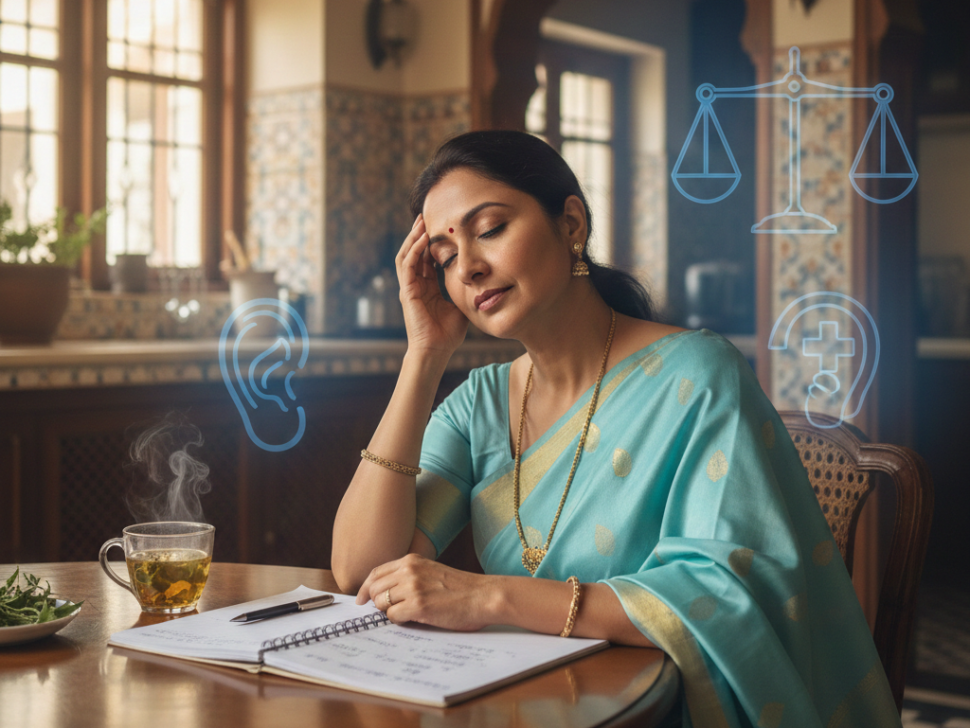 An Indian woman documents her dizziness symptoms in her Lucknow home, with subtle medical icons suggesting vestibular diagnostics.