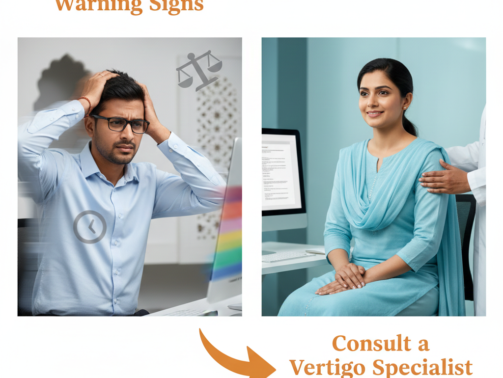 Split-screen visual contrasting the disorientation of vertigo with the calm and clarity achieved through specialist care. Dr. Pratistha Sachan's expertise is represented by a guiding hand, emphasizing the professional, reassuring approach to treatment.